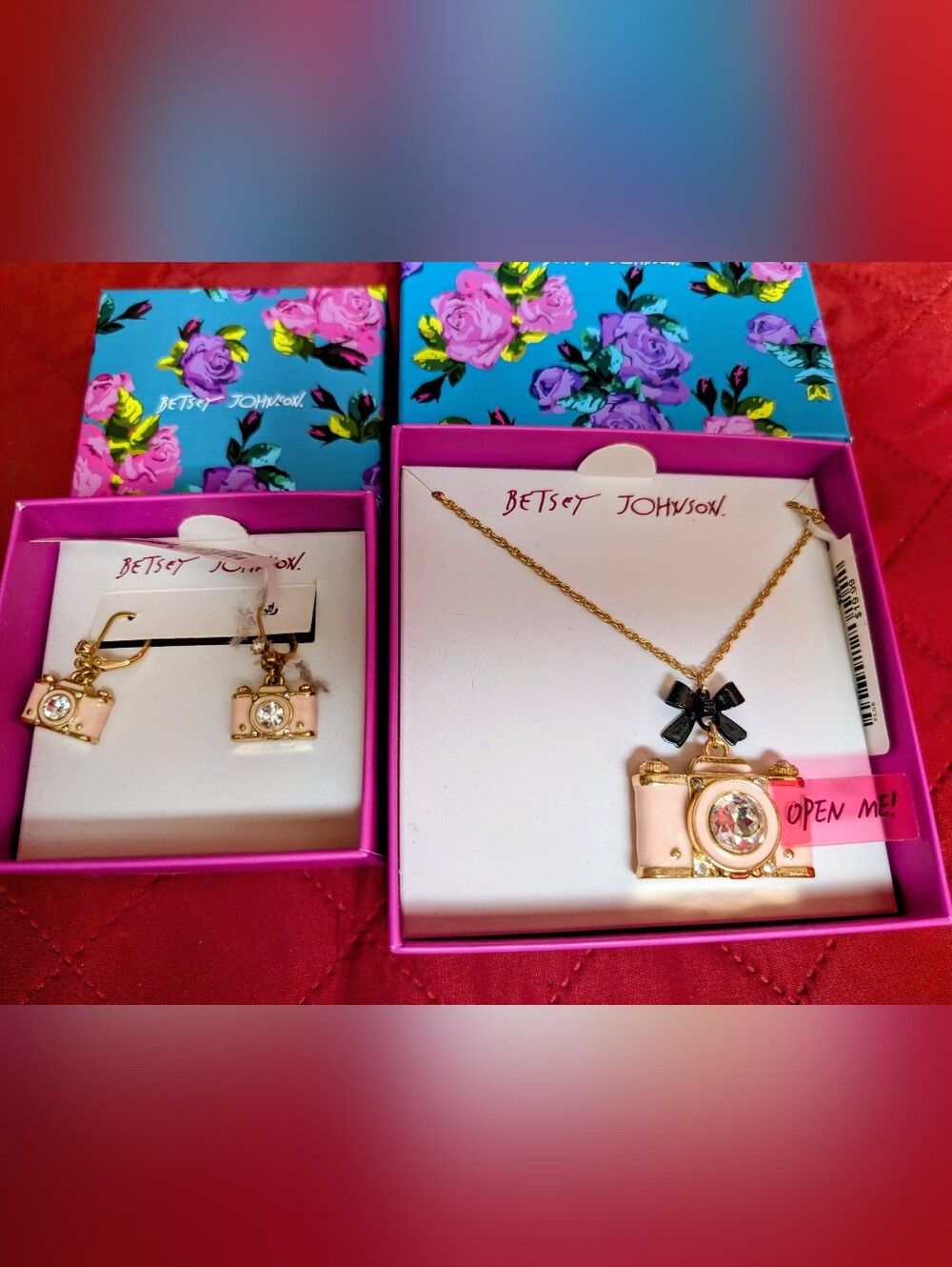 Betsey Johnson Gold-Tone Pink Camera Pendant Necklace & Earrings Set